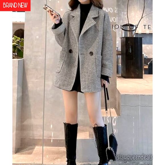 Women's Wool Blend Double Breasted Blazer Herringbone Pattern Notched Lapel - Picture 3 of 7